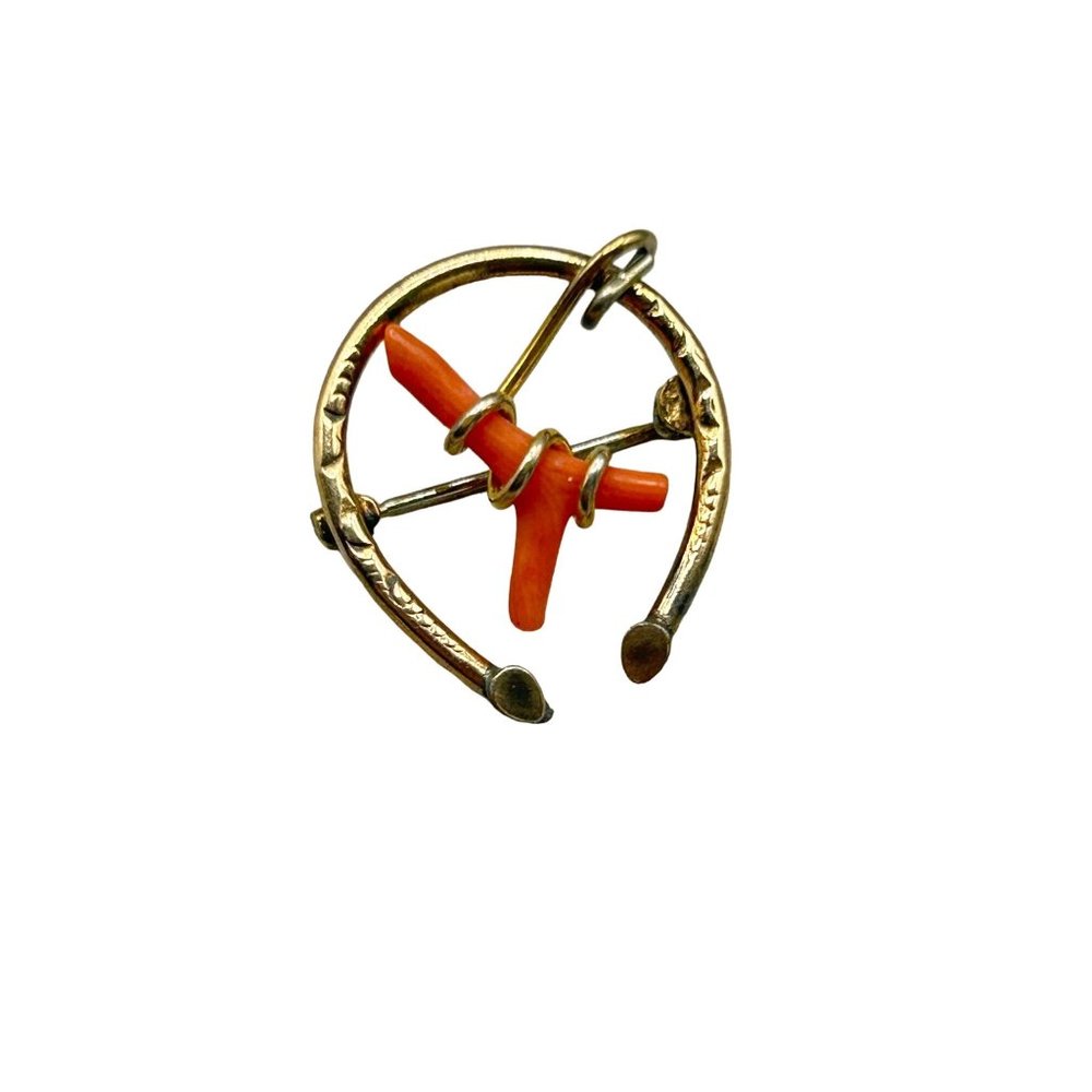 Victorian Coral Horseshoe Pin Brooch Gold Filled Handcrafted Wire Wrapped Coral